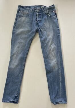 Men's Replay Selvedge Faded Blue Denim Jeans Original Button Fly Slim 32x34